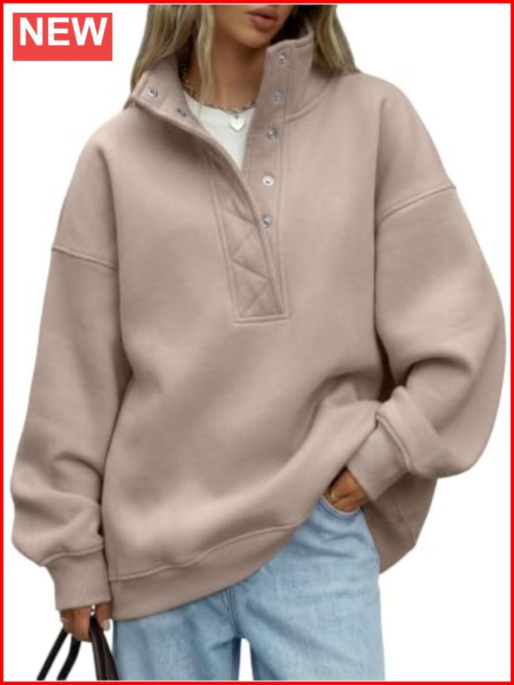 Oversized Henley Snap Button Sweatshirt Pullover Casual